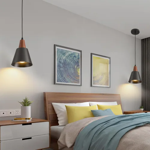 Vista 7 de Paquete de 2 luces colgantes, luces colgantes negras para isla de cocina, cúpula de madera, luces colgantes industriales minimalistas para isla