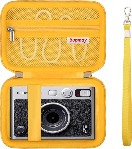 Vista 17 de Funda de transporte compatible con cámara instantánea Fujifilm Instax Mini EVO, bolsa de viaje con bolsillo de malla para fotos, cables USB Negro