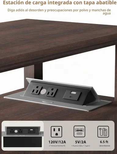 Vista 4 de HIFYOBRO Mesa auxiliar estrecha con estación de carga, diseño abatible, puertos y tomas de corriente tipo C y USB, estante ajustable para Marrón