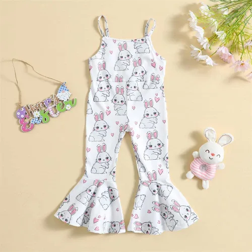 Vista 7 de GLIGLITTR Trajes de Pascua para bebés y niñas pequeñas, enterizo de conejo, floral, lindo overol de una pieza, pantalones acampanados