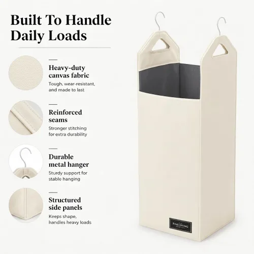 Vista 5 de The Fine Living Co. - Bolsa colgante para ropa sucia, colgador resistente, organizador de cestas de armario que ahorra espacio (beige)