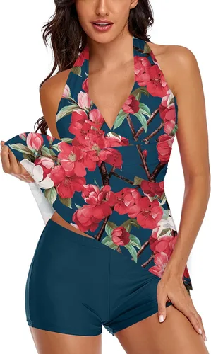 Vista 3 de Traje de baño tankini halter de dos piezas para mujer, con control de abdomen, cuello en V, con pantalones cortos