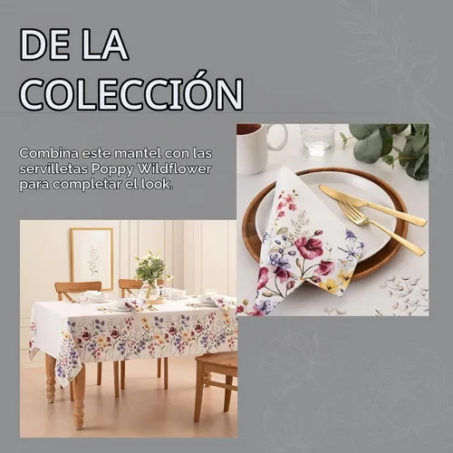 Vista 5 de Elrene Home Fashions Mantel de tela con borde botánico de flores silvestres de amapola, redondo, 70 x 70 pulgadas
