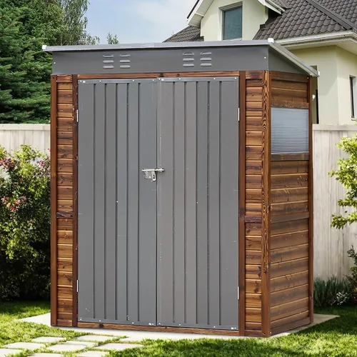 Vista 6 de Cobertizo de almacenamiento de madera para exteriores de 5 x 3 pies, cobertizo de herramientas de jardín con ventanas, cobertizo de almacenamiento