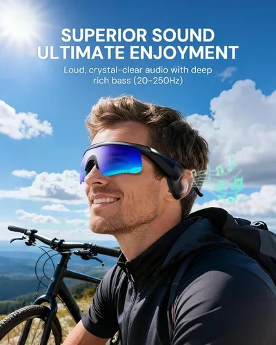 Vista 2 de Lentes de sol Bluetooth para hombres y mujeres, lentes deportivos polarizados UV400 con altavoces HD de oído abierto, asistente de voz y tubos