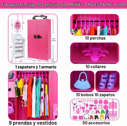 Vista 2 de Ecore Fun Armario de Guardarropa de Muñeca de Moda para Almacenamiento de Ropa y Accesorios de Muñecas - Lote de 102 Artículos que Incluyen Ropa