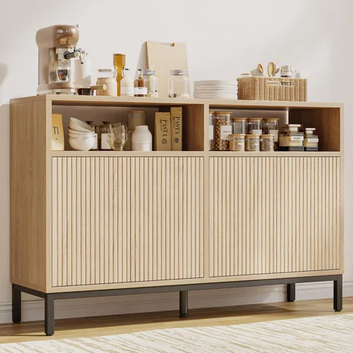 Vista 18 de Mericonia Aparador Buffet Gabinete Almacenamiento, Consola de madera moderna acanalada Credenza