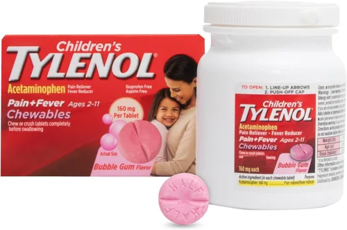 Vista 8 de Tylenol para niños masticables con 160 mg de acetaminofeno, analgésico y reductor de fiebre para síntomas de resfriado y gripe en niños, dolor