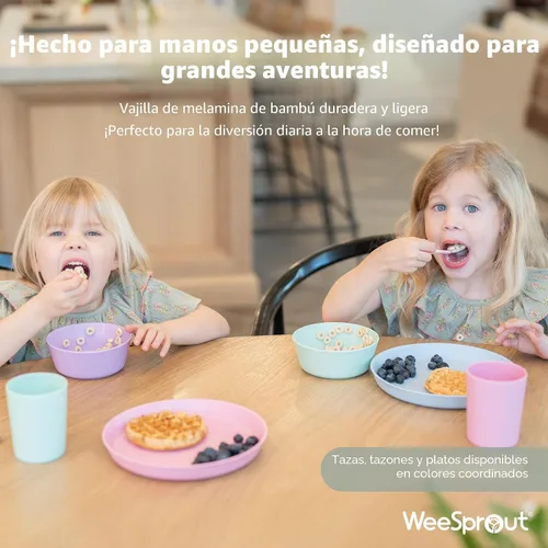 Vista 8 de WeeSprout Platos de bambú con tapas de silicona, juego de 4, vajilla de tamaño infantil, cereales, sobras y aperitivos, vajilla de melamina apta