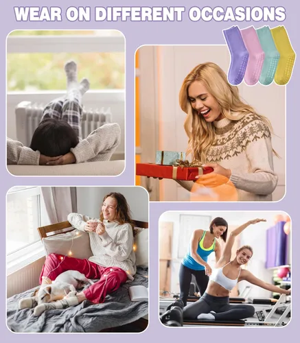Vista 7 de LANLEO Calcetines de pilates con empuñaduras para mujer, calcetines antideslizantes para yoga, baile, atletismo, entrenamiento, hospital, calcetines