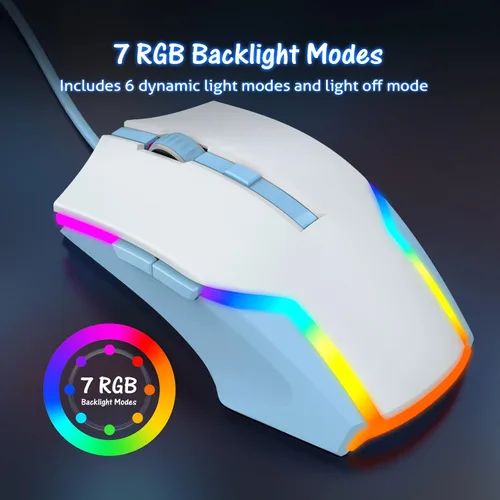 Vista 4 de WEEMSBOX Mouse para juegos con cable con 7 modos retroiluminados RGB mouse blanco para juegos 8000 DPI ajustables 6 botones programables mouse