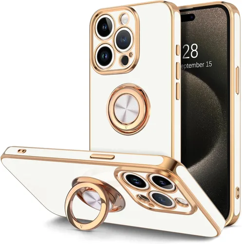 Vista 18 de Hython Funda para iPhone 15 con Soporte de Anillo, Soporte de Anillo Giratorio de 360° Soporte Magnético, Borde Chapado en Oro Rosa Cubierta Suave