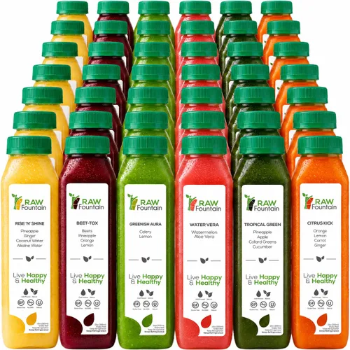 Vista 9 de Limpieza de Jugos de 1 Día por Raw Fountain, Sabores Tropicales, Totalmente Natural Crudo, Jugos de Frutas y Verduras Prensados en Frío, Limpieza