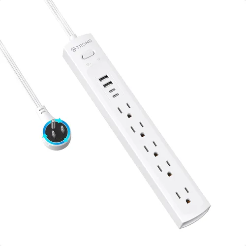 Vista 10 de TROND - Tira de alimentación con protector de sobretensiones, enchufe plano giratorio 360°, 5 tomas ampliamente espaciadas con 2 USB C y 2 USB A