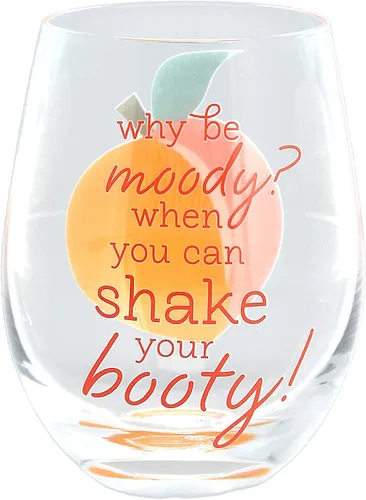 Vista 2 de Pavilion Gift Company Why Be Moody When You Can Shake Your Booty Booty, copa de vino sin tallo con patrón de durazno, 18 onzas, naranja