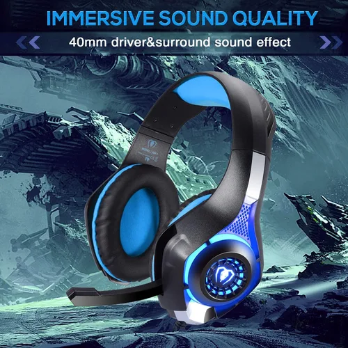 Vista 2 de BlueFire Auriculares con cable para juegos para PS4, PS5, Xbox One, PC, auriculares con sonido envolvente, micrófono con cancelación de ruido, Azul