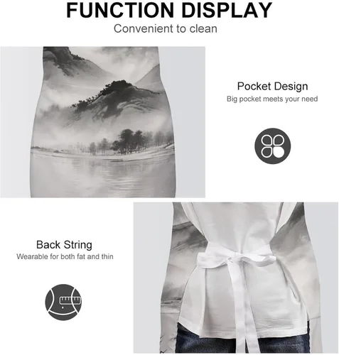 Vista 6 de MUSM Apron for Adults - 27.6 X 31.5 Inch, Heavy-Duty Polyester Aprons with Two Large Pockets, Waterproof Ink Painting Landscape Kitchen Apron for