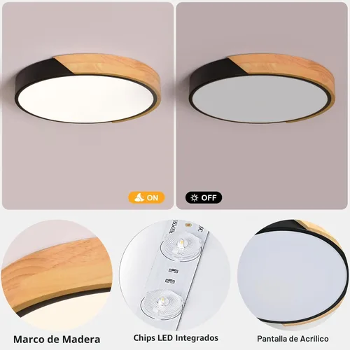 Vista 8 de Lámpara de techo LED moderna, lámpara de techo minimalista de madera empotrada, 4000 K no regulable, lámpara de iluminación circular con pantalla