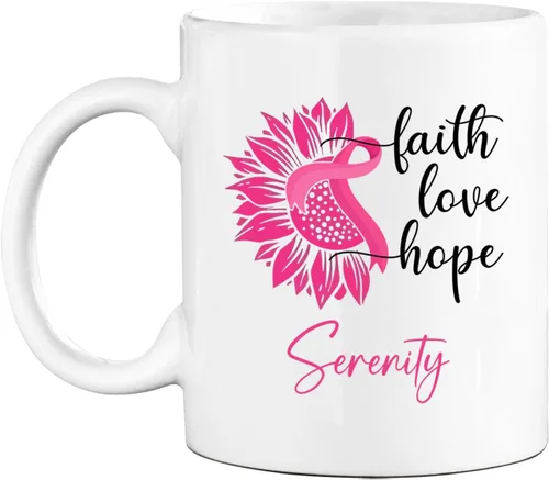 Vista 27 de Taza de café de concientización sobre el cáncer de mama con nombre personalizado, taza de café de 11 onzas, taza de té de cerámica blanca