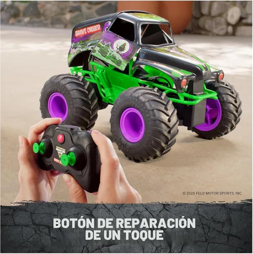 Vista 5 de Monster Jam, Vehículo oficial de Smash & Bash Grave Digger con control remoto para interiores y exteriores, camión monstruo reparable a escala 1:15