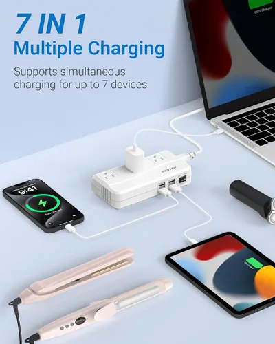 Vista 4 de BESTEK - Adaptador de viaje universal convertidor de voltaje de 100-220 V a 110 V de 250 W con carga USB de 6 A y 4 puertos, 3 tomas de CA