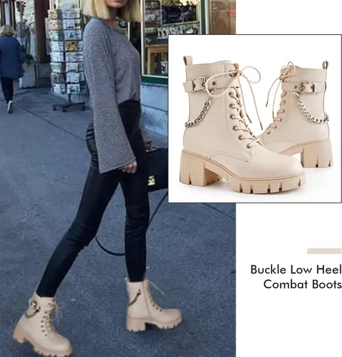 Vista 2 de TINSTREE Botas de combate de tacón bajo con hebilla de moda para mujer, botas de combate con cremallera lateral, botas antideslizantes para montar