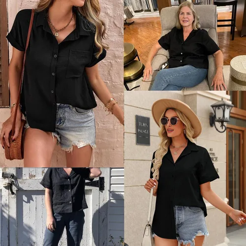 Vista 4 de HOTOUCH Camisa de lino con botones para mujer, de algodón, de manga corta, cuello en V, con botones, para verano y playa