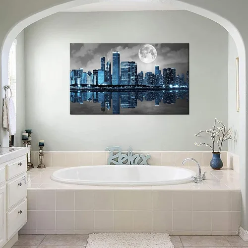 Vista 5 de Biuteawal Arte de pared negro blanco y azul de la ciudad, cuadros de Chicago, decoración de imágenes de luna, noche, paisaje urbano, horizonte
