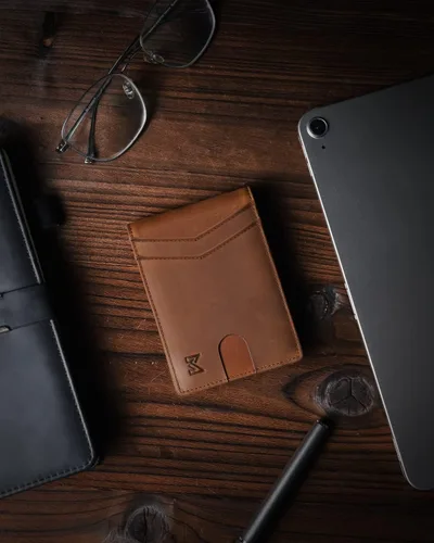 Vista 5 de MIROMIHO Cartera de piel auténtica para hombre, delgada con clip para dinero, caja de regalo, Café (Crazy Horse Brown), Minimalista
