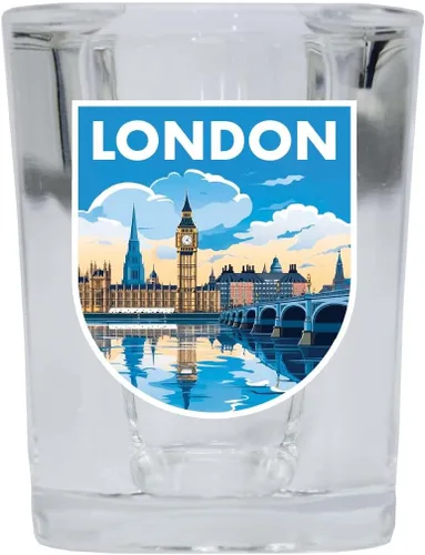 Vista 3 de London England Design A Souvenir - Vaso de chupito cuadrado de 2.5 onzas, base azul, paquete de 2