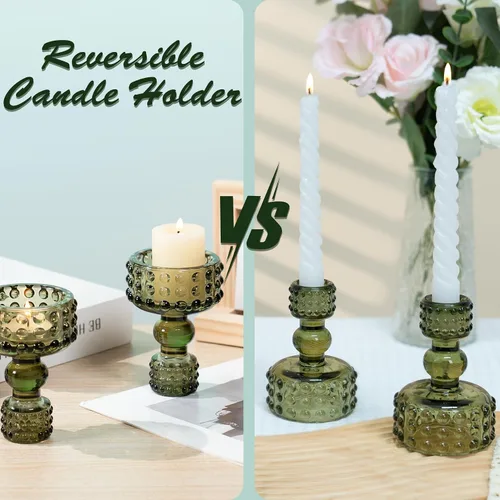 Vista 5 de Juego de 3 portavelas cónicos en relieve de lunares con adhesivo de velas de cera, portavelas de vidrio verde salvia para velas de 0.8 pulgadas