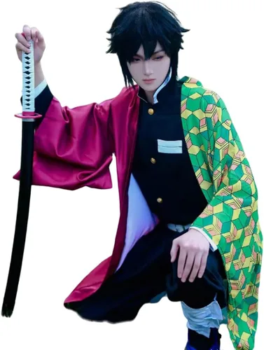 Vista 3 de Giyuu - Disfraz de anime para adultos, disfraz de Halloween, kimono, traje con peluca