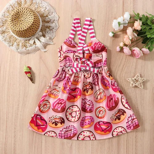 Vista 3 de Falda de verano para niñas pequeñas, estampado de dinosaurio, helado, sin mangas, correa sin espalda, vestido 1-6T