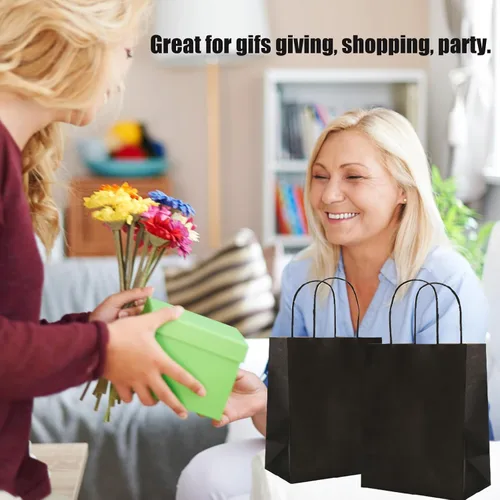 Vista 4 de Bolsas de regalo medianas con asas, 50 bolsas de papel kraft a granel, color negro 8x4.75x10 inch,120GSM,Thick,Durable,Recyclable,6LB Load,for