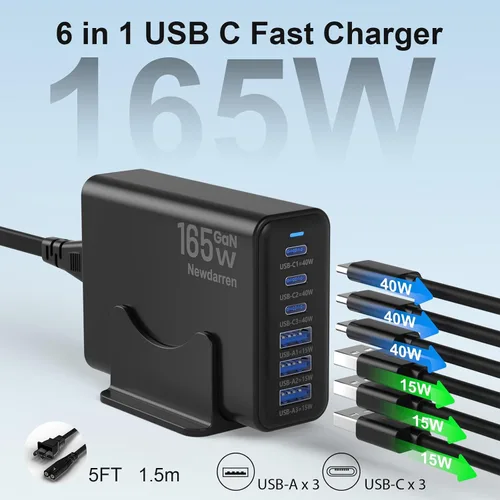 Vista 2 de Estación de carga USB C GaN de 165 W, cargador de escritorio de 6 puertos con carga rápida USB-C de 40 W, concentrador de carga multipuerto
