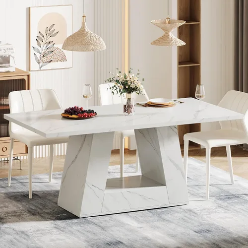 Vista 10 de Mesa de comedor Tribesigns para 4 a 6 personas, mesa rectangular de 63" para comedor, mesa moderna de madera con falso mármol para cenas con base