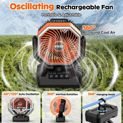 Vista 4 de COZII Ventilador portátil recargable, ventilador de batería de 20000 mAh de hasta 70 horas de funcionamiento, ventilador de campamento con luz LED