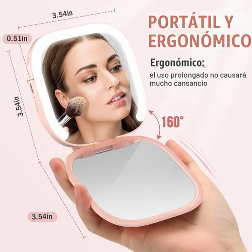 Vista 4 de MY BEAUTY LIGHT Espejo compacto brillante con luz de aumento recargable duradera 1X/3X, espejo de maquillaje de viaje de 3000K-6000K con luces