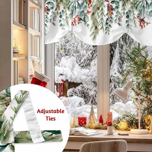 Vista 3 de Cenefa de amarre cardenal de Navidad, cenefa de cocina ajustable con hojas de eucalipto verde baya, cenefas blancas con bolsillo para barra