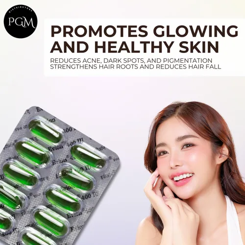Vista 3 de 50 cápsulas Evion de vitamina E para una cara brillante, cabello fuerte, acné, uñas, piel brillante 400 mg