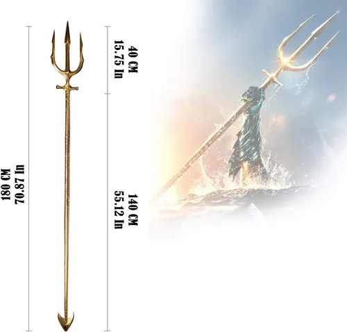 Vista 2 de Sword Valley Sea King Poseidón Tridente - Tridente ornamental con runas grabadas – Acero inoxidable, 180cm/70.87" de longitud