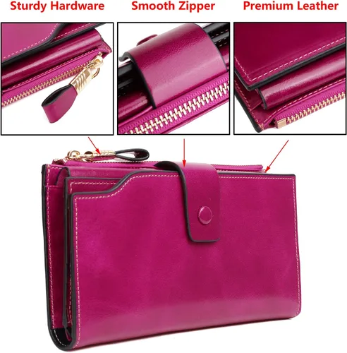 Vista 6 de YALUXE Cartera de piel auténtica para mujer, con bloqueo RFID, tarjetero múltiple con bolsillo para teléfono celular