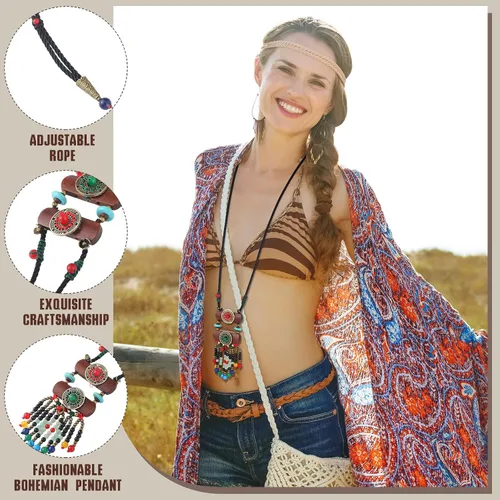 Vista 5 de 6 collares largos bohemios para mujer, collar de madera vintage, hecho a mano, retro, Nepal, bohemio, regalos de joyería
