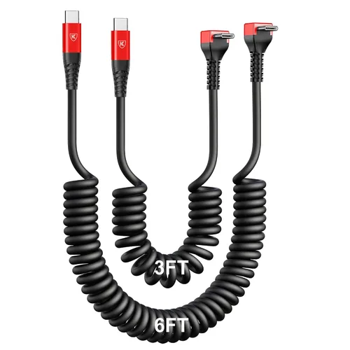Vista 21 de Cable USB A a USB C de 90 grados, paquete de 2 cables USB tipo C en espiral de 3 pies para automóvil, cable de carga rápida USB-C compatible