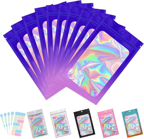 Vista 9 de Paquete de 100 bolsas de Mylar con ventana transparente, holográficas, a prueba de olores, para pequeñas empresas, bolsas resellables