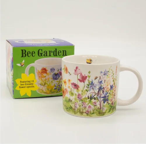 Vista 4 de The Unemployed Philosophers Guild Taza de café Bee Garden, cuenta con hermosas flores de acuarela y abejas zumbantes, viene en una divertida caja