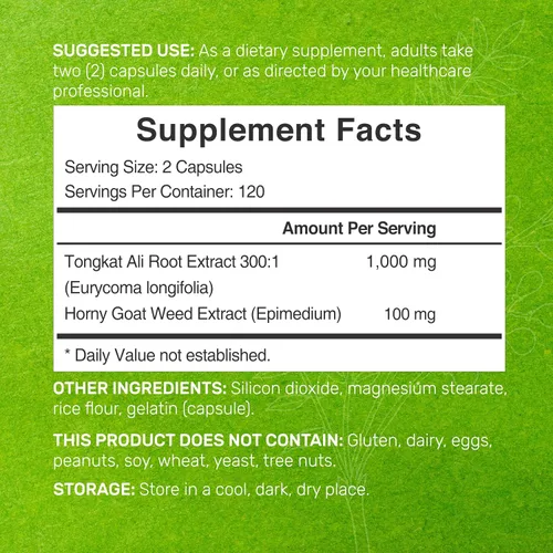 Vista 2 de Extracto de Tongkat Ali 300:1 con hierba de cabra cachonda 1,100 mg - Raíz de longifolia de Eurycoma Longjack Indonesia - Suplemento herbario extra