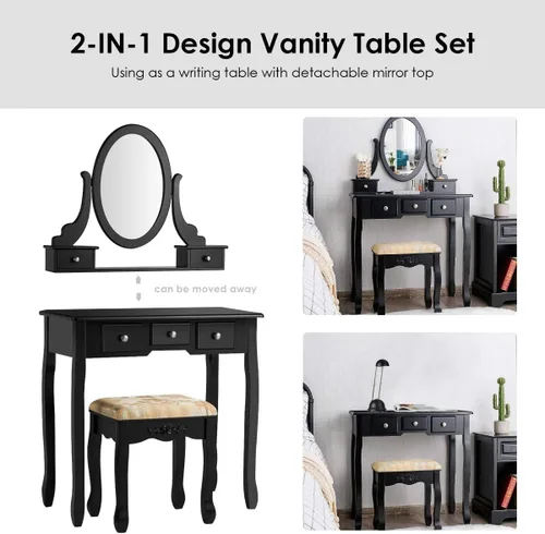 Vista 5 de LDAILY Juego de mesa de tocador estable con espejo giratorio de 360°, escritorio de maquillaje con taburete acolchado y 5 cajones para espacios