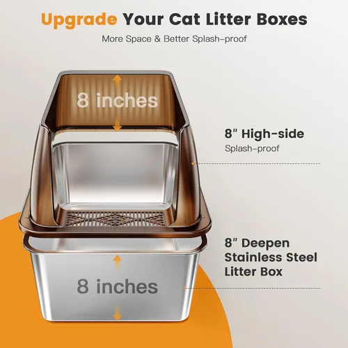 Vista 3 de Tripamin Caja de arena para gatos de acero inoxidable XL de 15 pulgadas, lados altos XXL de acero inoxidable con tapa, caja de arena de metal