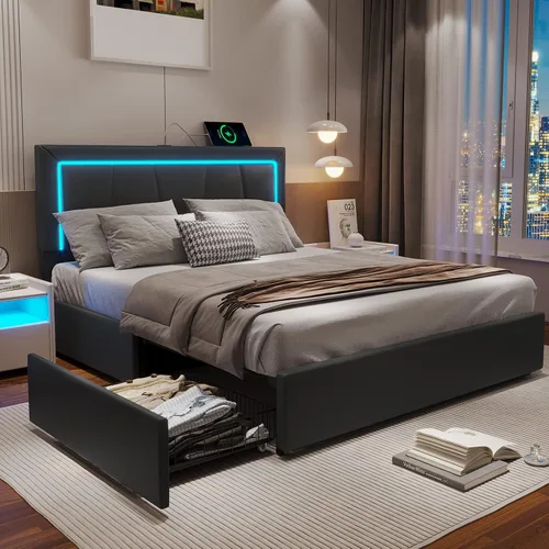 Vista 8 de Hasuit Marco de cama Full con 4 cajones de almacenamiento debajo, cama de plataforma tapizada tamaño Full con cabecera de cuero artificial, cama